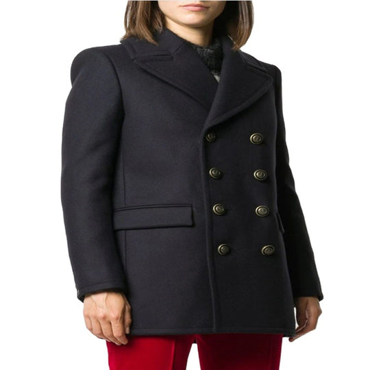 Damen kurztaillierter Zweireihiger Wollmix-Peacoat mit maritimen Details Nord Taschen