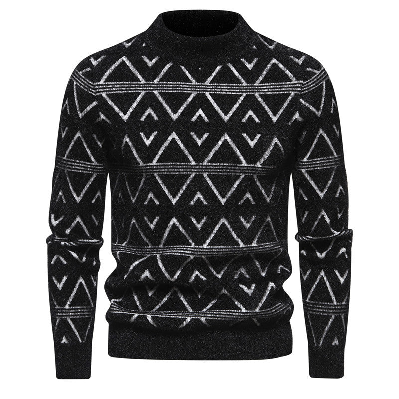 Herren Feinstrick-Mockneck-Pullover mit geometrischem Jacquardmuster und geripptem Saum Nord Taschen