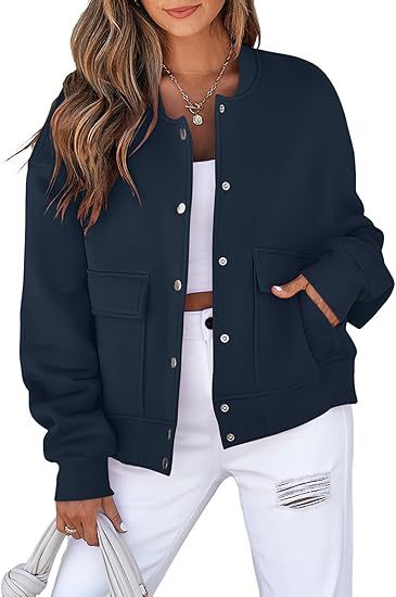 Damen Oversized Bomberjacke aus French Terry mit Druckknopf und aufgesetzten Taschen Nord Taschen