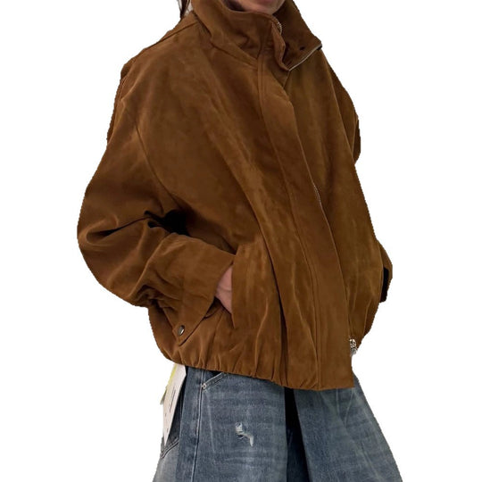 Damen Oversize Veloursleder-Blouson mit hohem Stehkragen und Metallreißverschluss Nord Taschen