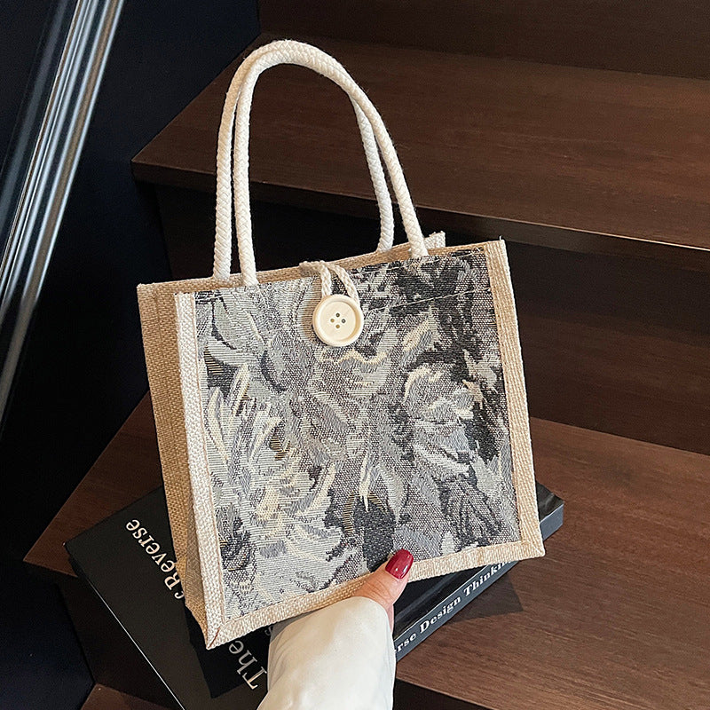 Damen Jute-Tragetasche mit kunstvollem floralem Stickdesign Nord Taschen