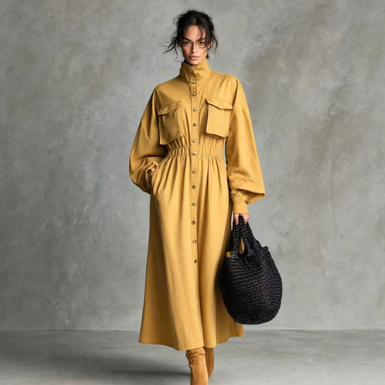 Damen Elegantes Hemdkleid mit Taschen und Taillengürtel Nord Taschen