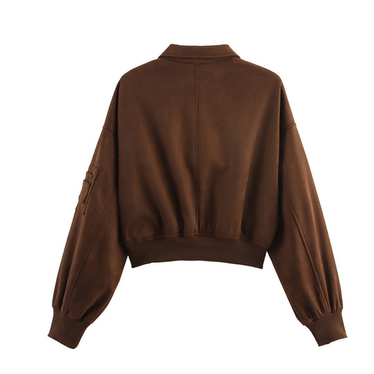 Damen Cropped Bomberjacke in Veloursoptik mit Hemdkragen, Ärmel-Tasche und tailliertem Rippbund Nord Taschen
