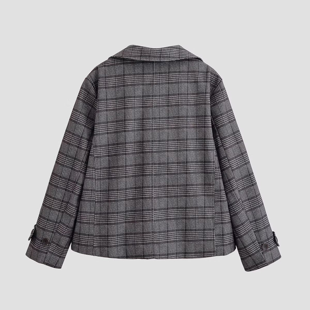 Damen Cropped Doppelreiher-Blazer im Glencheck mit oversized Revers und Umschlagärmeln Nord Taschen