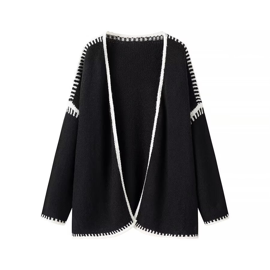 Damen Oversize-Strickjacke mit kontrastierender Häkelkante und überschnittener Schulter Nord Taschen