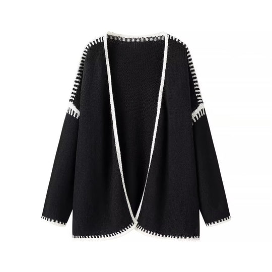 Damen Oversize-Strickjacke mit kontrastierender Häkelkante und überschnittener Schulter Nord Taschen