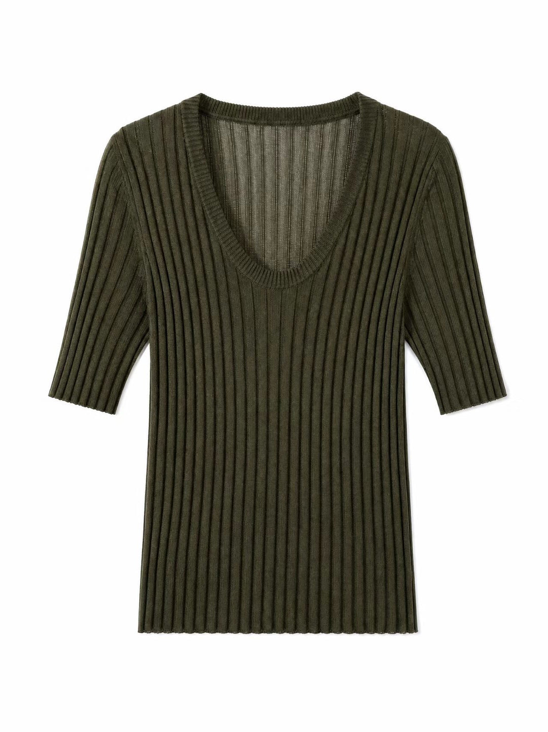 Damen Geripptes Feinstrickshirt mit tiefem U-Ausschnitt und halblangen Ärmeln Nord Taschen