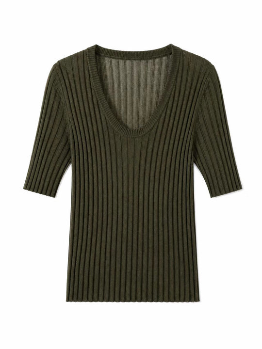Damen Geripptes Feinstrickshirt mit tiefem U-Ausschnitt und halblangen Ärmeln Nord Taschen