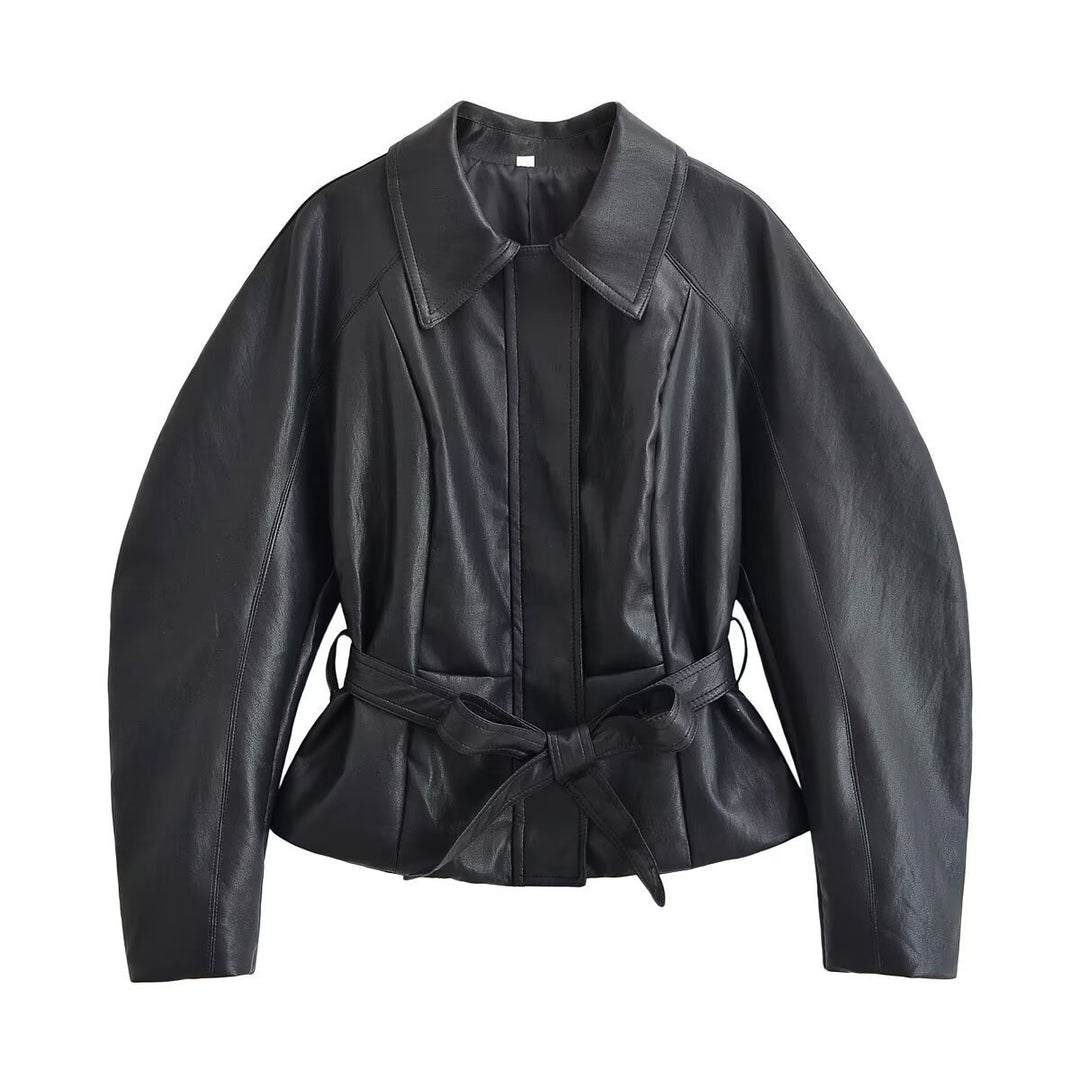 Damen Taillierte Lederoptik‑Jacke mit Bindegürtel und Raglanärmeln Nord Taschen