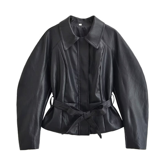 Damen Taillierte Lederoptik‑Jacke mit Bindegürtel und Raglanärmeln Nord Taschen