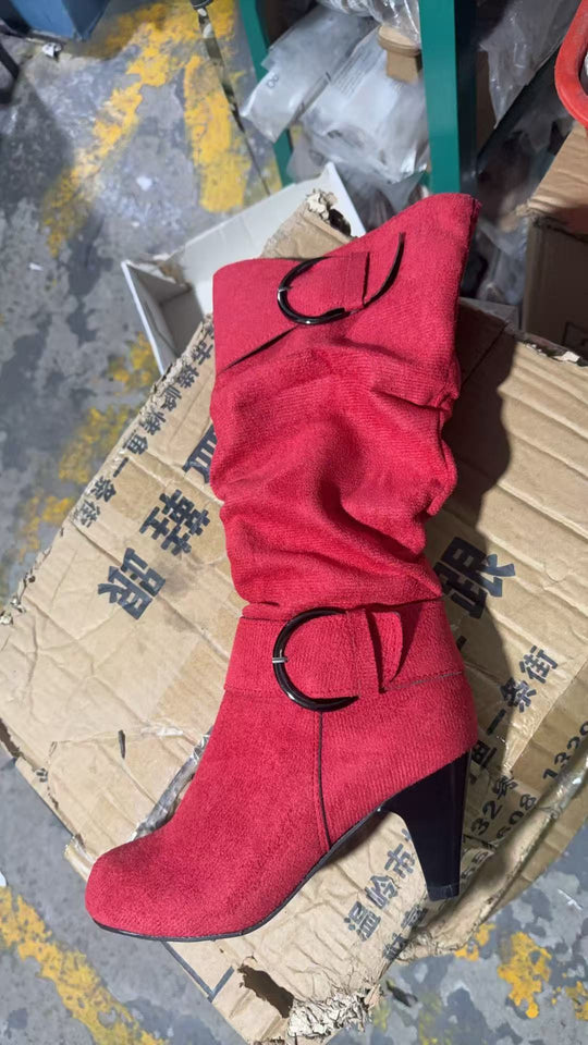 Damen Stiefel mit weichem Kunstvelours, Schlupf-Schaft und Zierschnallen Nord Taschen