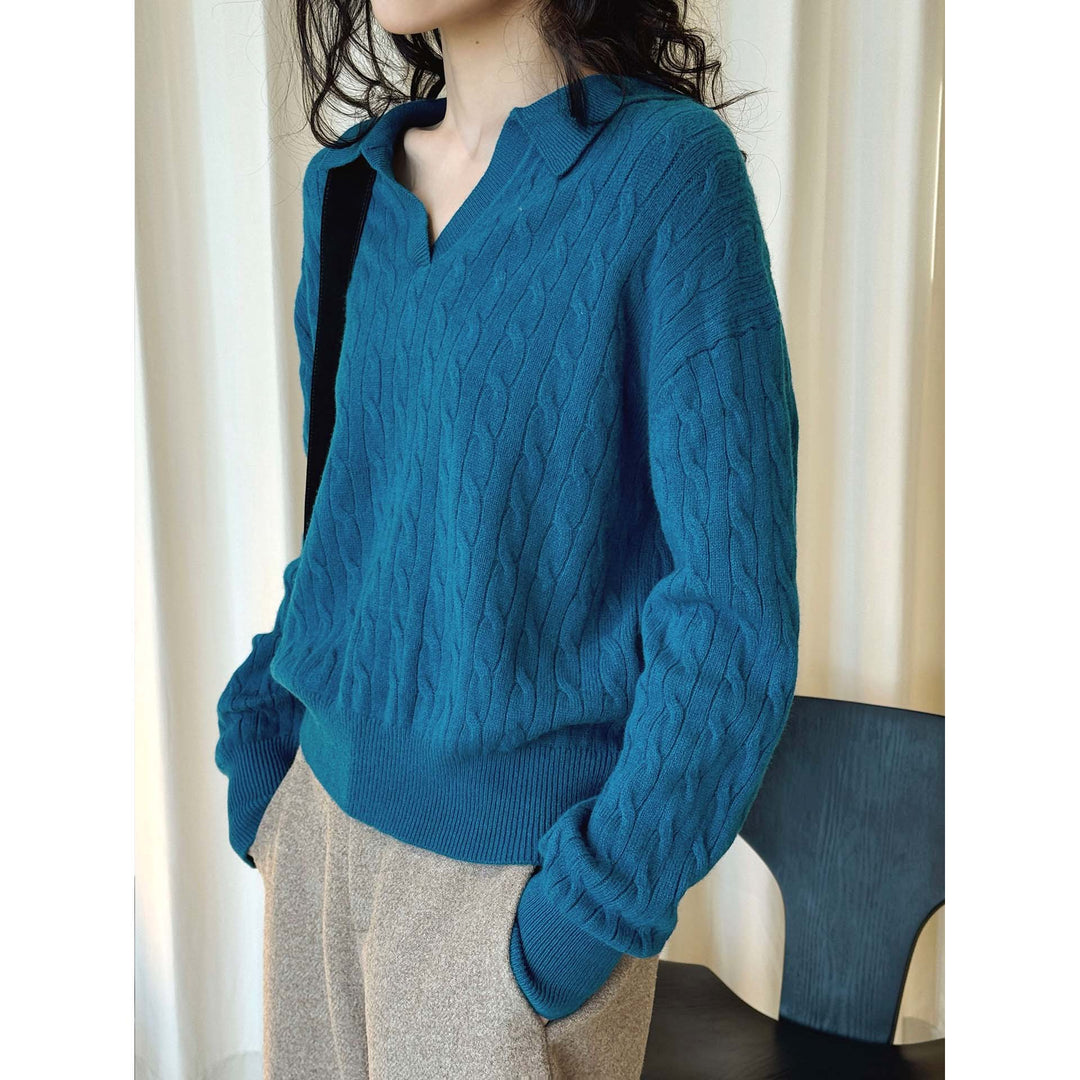 Damen Strickpullover mit Polokragen, V-Ausschnitt und Zopfmuster Nord Taschen