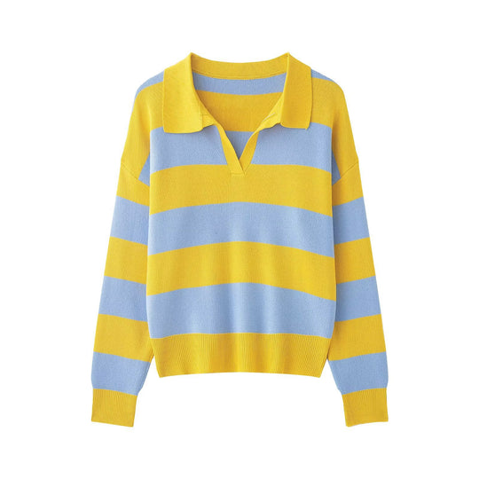 Damen Gestreifter Rugby-Polo-Pullover mit V-Notch und Cropped-Saum Nord Taschen