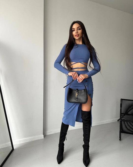 Damen Geripptes zweiteiliges Set mit Cropped-Langarmtop, Wickelband und taillenbetontem Knopf-Midirock Nord Taschen