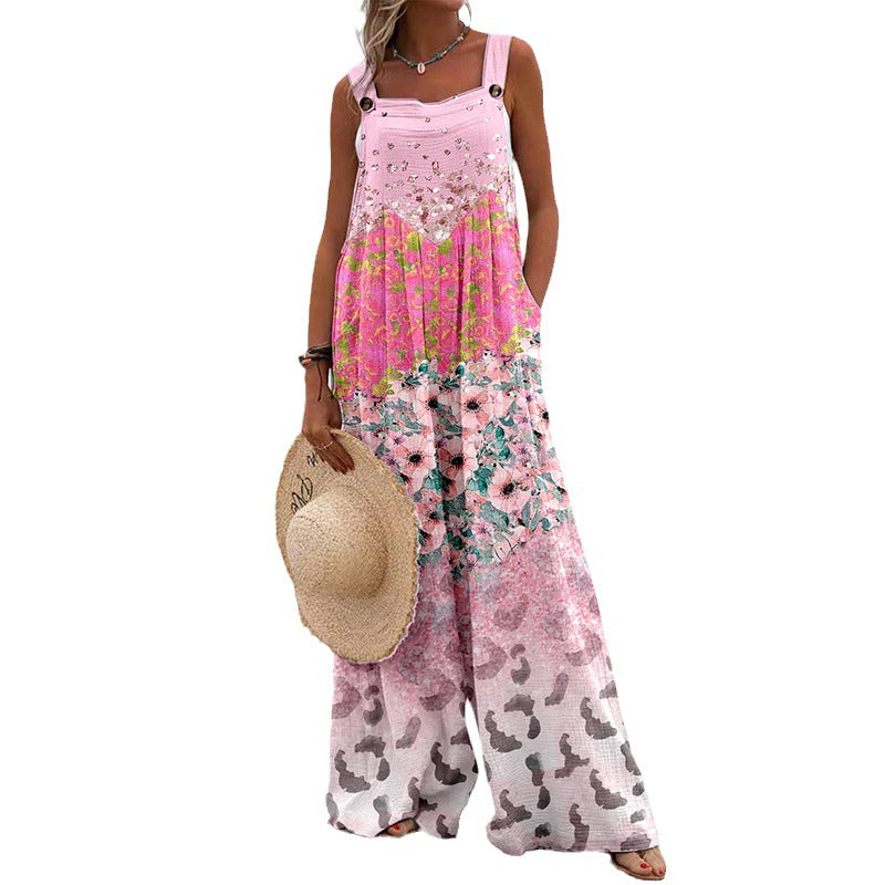 Damen Weit geschnittene Latzhose mit floralem Muster und praktischen Taschen Nord Taschen