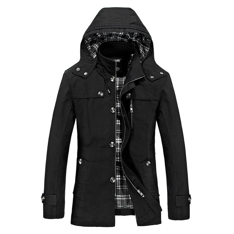 Herren mittellanger Kapuzenparka mit kariertem Innenfutter und verdeckter Zip‑Knopfleiste Nord Taschen