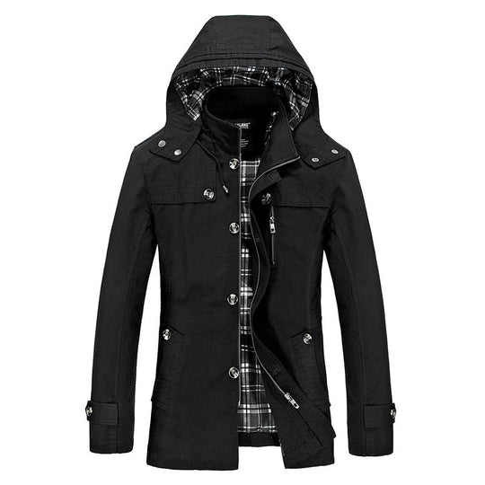 Herren mittellanger Kapuzenparka mit kariertem Innenfutter und verdeckter Zip‑Knopfleiste Nord Taschen