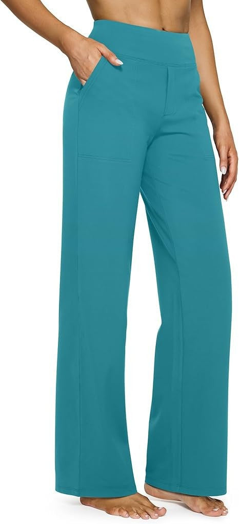 Damen nan fließende High-Waist-Hose mit extra weitem Bein, elastischem Komfortbund und Eingrifftaschen