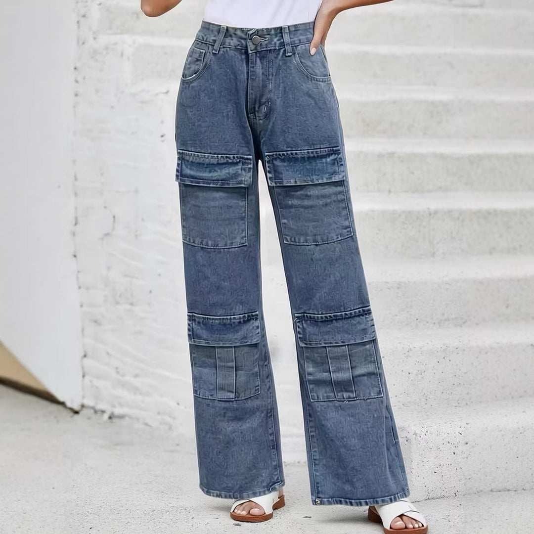 Damen High‑Waist Utility-Denimhose mit aufgesetzten Knie-Patches, Cargo‑Taschen und weitem Schlag Nord Taschen