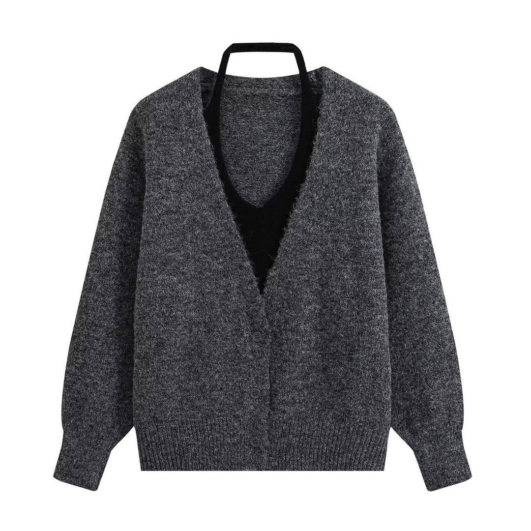 Damen Oversize Strickcardigan mit tiefem V‑Ausschnitt und breitem Rippbündchen Nord Taschen