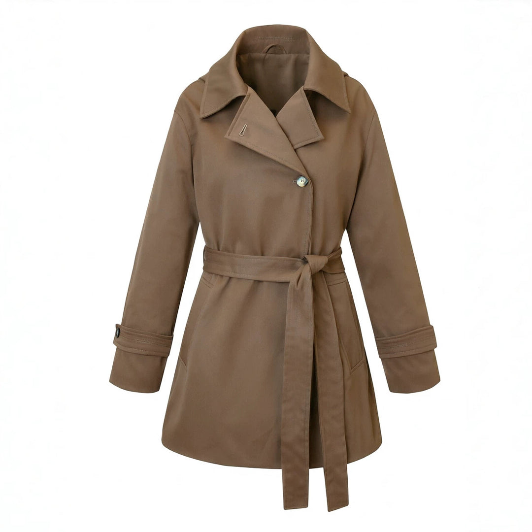 Damen Kurztrenchcoat mit tailliertem Bindegürtel und weitem Revers Nord Taschen