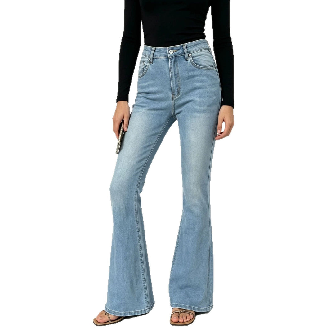 Damen hochgeschnittene Jeans mit schmaler Hüftpartie und weitem Schlag mit elastischem Bund Nord Taschen