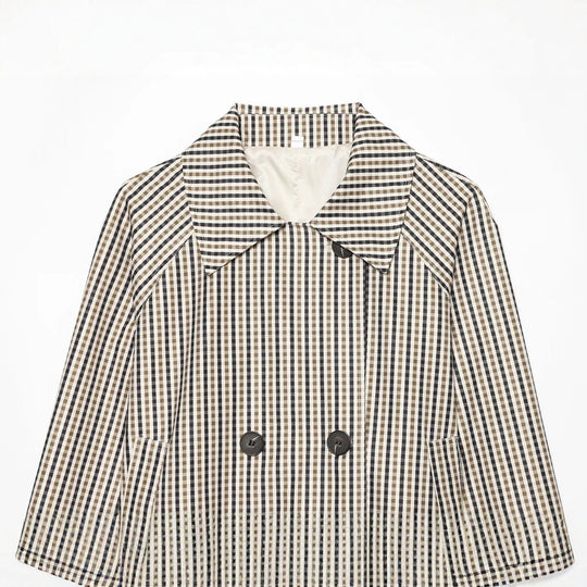 Damen Kurze taillierte Doppelreihige Trenchjacke mit Karo‑Muster und Bindegürtel Nord Taschen