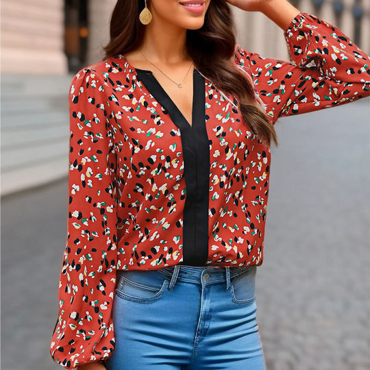 Damen Locker geschnittene V-Ausschnitt-Bluse mit kontrastierter Zierblende und Allover-Print Nord Taschen