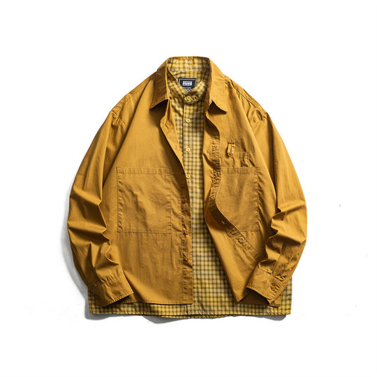 Herren Lagenlook-Overshirt mit aufgesetzten Fronttaschen, lockerer Passform und kariertem Untertritt Nord Taschen