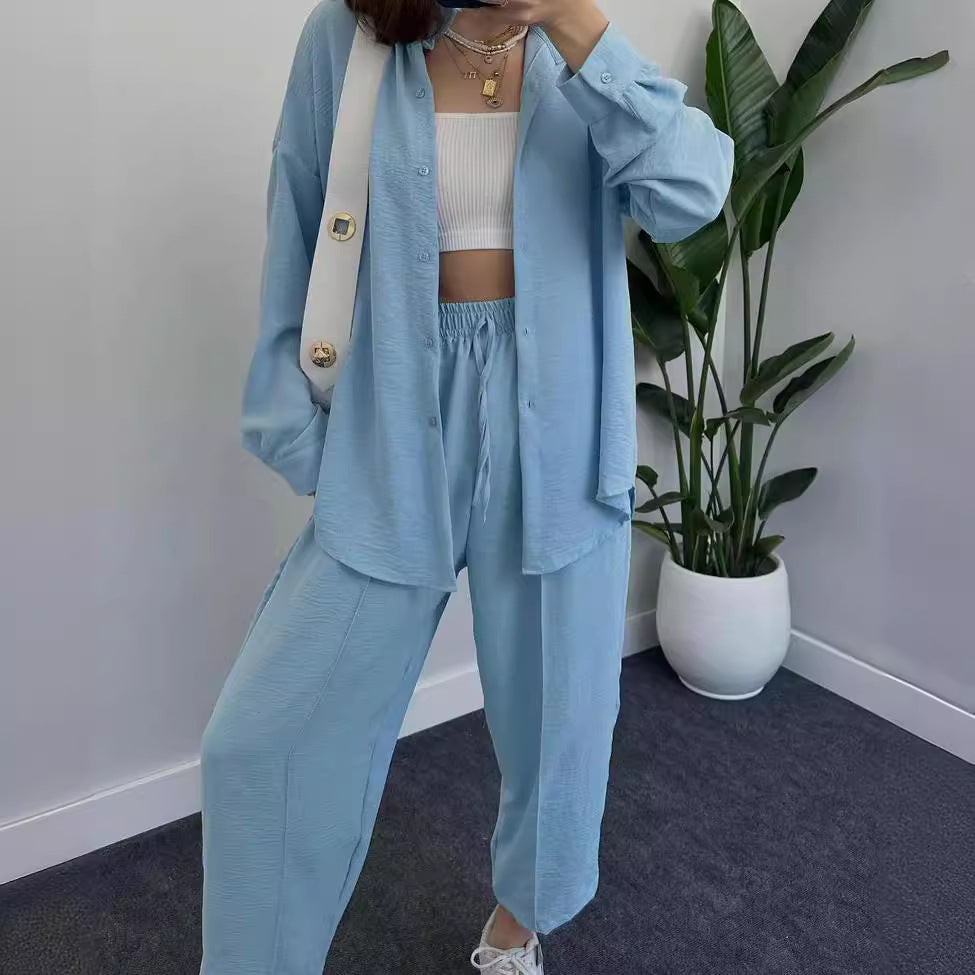 Damen Lässiges zweiteiliges Lounge-Set aus Crêpe mit Oversize-Hemd und hohem Elastikbund Nord Taschen