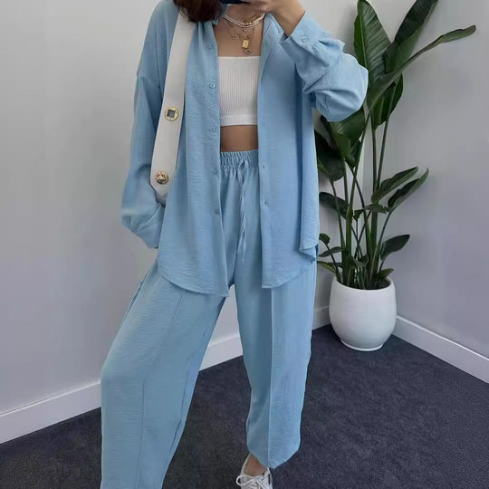 Damen Lässiges zweiteiliges Lounge-Set aus Crêpe mit Oversize-Hemd und hohem Elastikbund Nord Taschen