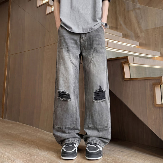 Herren Weite Baggy-Jeans mit Used‑Wash, Knie‑Rips & Utility‑Nähten Nord Taschen