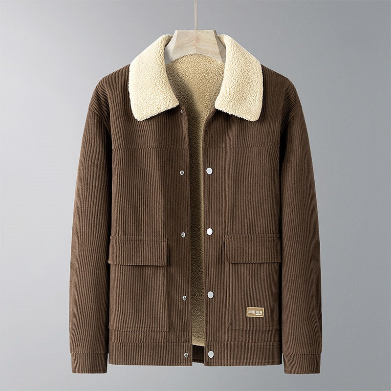 Herren Cordjacke mit Teddyfutter, Hemdkragen & Druckknopffront Nord Taschen