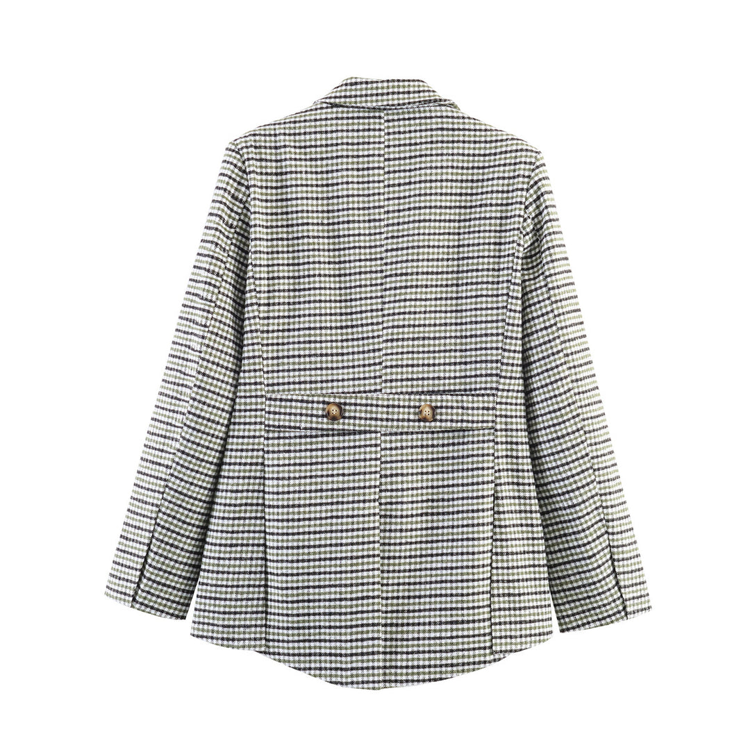 Damen Karo-Blazer mit asymmetrischem Cropped-Vorderteil und Holzknöpfen Nord Taschen
