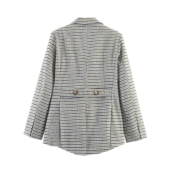 Damen Karo-Blazer mit asymmetrischem Cropped-Vorderteil und Holzknöpfen Nord Taschen