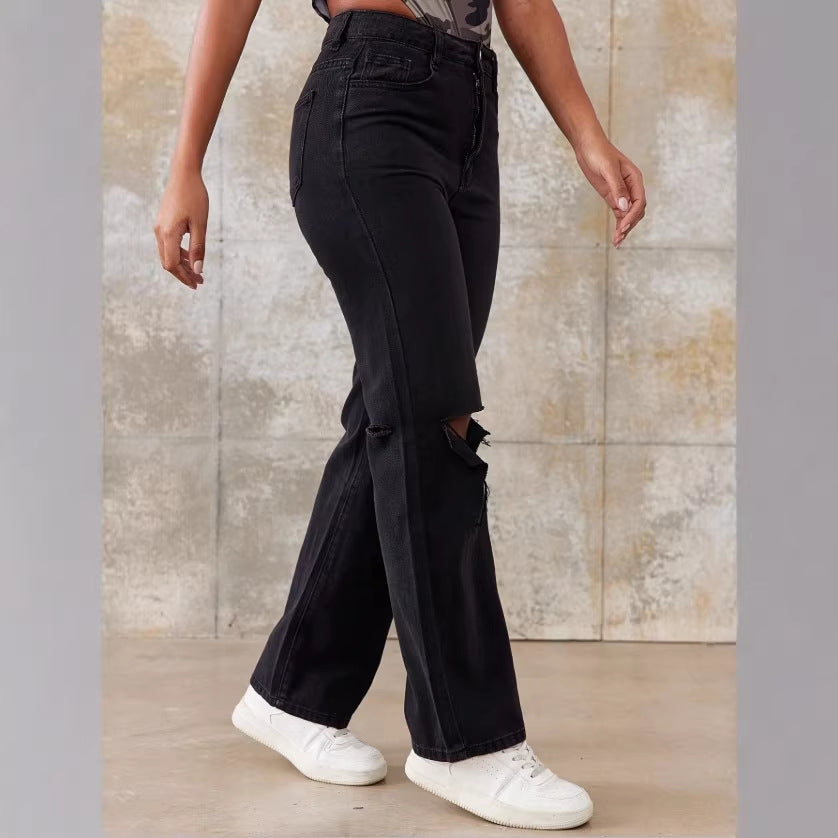 Damen High-Waist Straight-Jeans mit weitem Bein, Knie-Rip und strukturierter Denim-Optik Nord Taschen