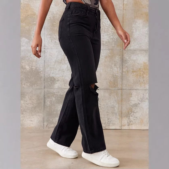 Damen High-Waist Straight-Jeans mit weitem Bein, Knie-Rip und strukturierter Denim-Optik Nord Taschen
