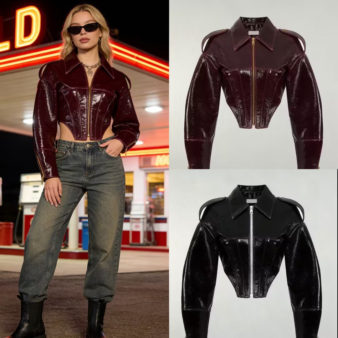 Damen kurz geschnittener Lackoptik-Blouson mit tailliertem Korsett-Schnitt Nord Taschen