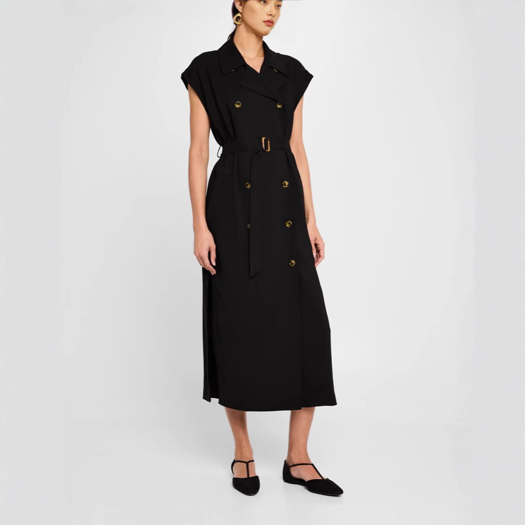 Damen Ärmelloses Doppelreiher-Midikleid mit Trench-Gürtel Nord Taschen
