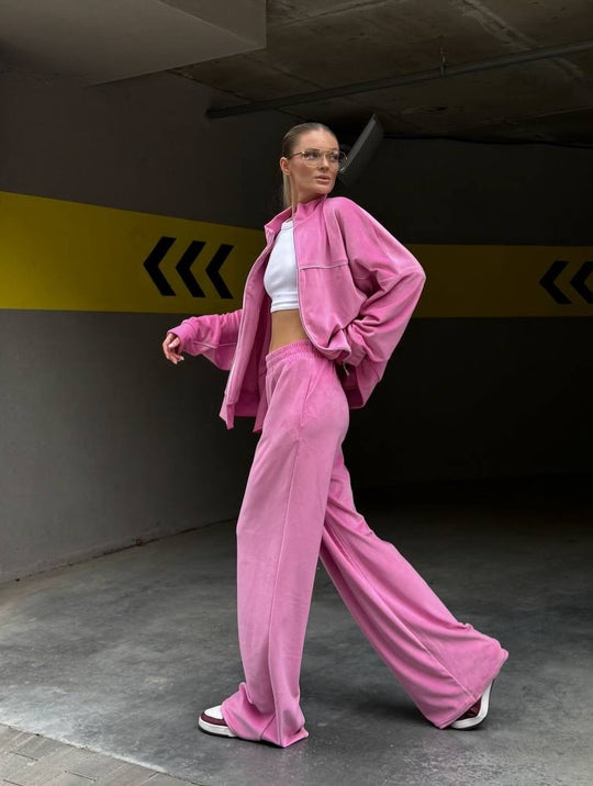 Damen moderne Velours-Zweiteiler mit kurzem Stehkragen-Zip und fließender hochgeschnittener Palazzohose Nord Taschen
