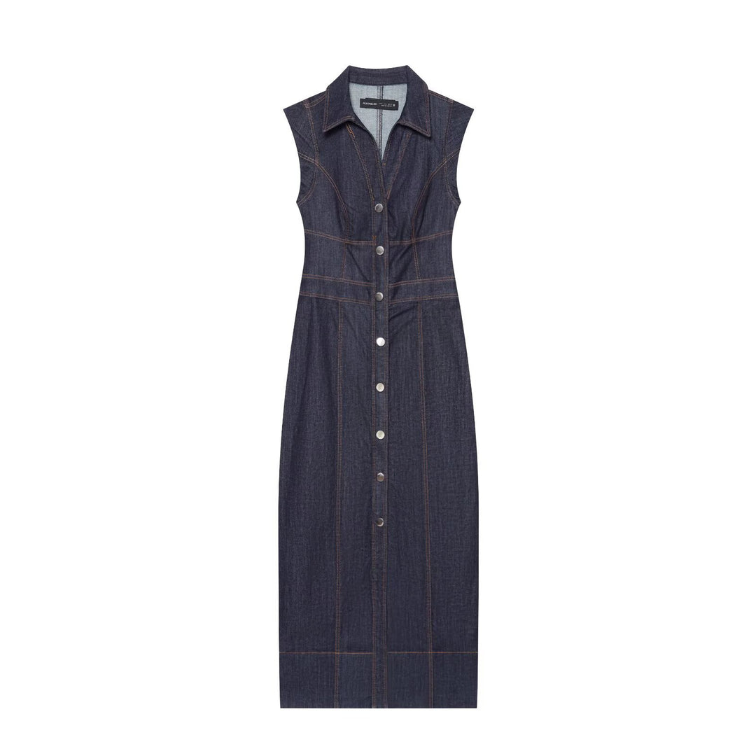 Damen Ärmelloses Jeansmaxikleid mit Hemdkragen, taillierter Silhouette und durchgehender Druckknopfleiste Nord Taschen
