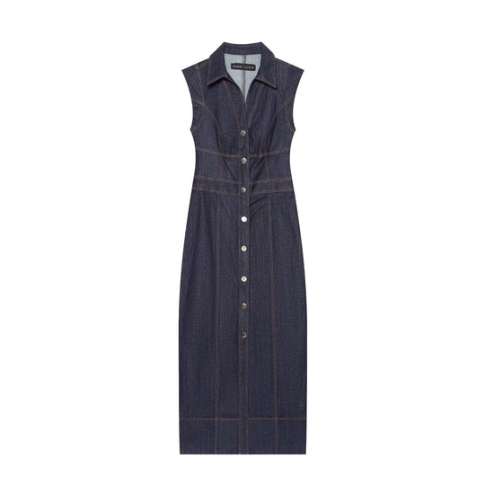 Damen Ärmelloses Jeansmaxikleid mit Hemdkragen, taillierter Silhouette und durchgehender Druckknopfleiste Nord Taschen