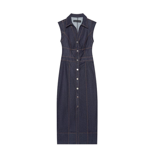 Damen Ärmelloses Jeansmaxikleid mit Hemdkragen, taillierter Silhouette und durchgehender Druckknopfleiste Nord Taschen