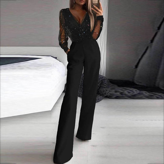 Damen Eleganter Jumpsuit mit transparenten Ärmeln und funkelnden Details - Vittorelli