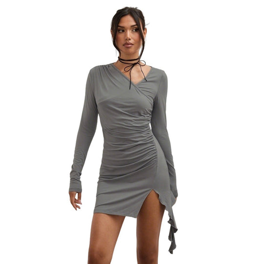 Damen gerafftes asymmetrisches Minikleid mit V-Ausschnitt, langem Ärmel und seitlichem Volant-Detail Nord Taschen