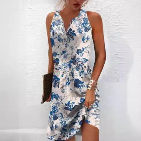 Damen, lässiges Sommerkleid mit V-Ausschnitt und asymmetrischem Saum