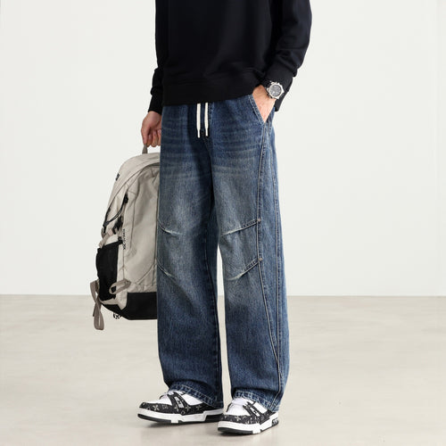 Herren Weite Denim-Hose mit Tunnelzugbund, Paneelnähten und Used-Waschung Nord Taschen