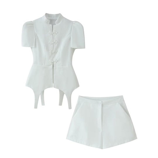 Damen Taillierter Zweiteiler mit Korsagen-Top, Mandarin-Kragen und High‑Waist Tailored Shorts Nord Taschen