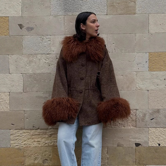 Damen Oversize Wollmix-Marka Mantel mit voluminösem Lammfellimitatkragen und extra weitem Ärmelabschluss Nord Taschen