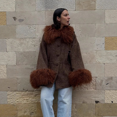 Damen Oversize Wollmix-Marka Mantel mit voluminösem Lammfellimitatkragen und extra weitem Ärmelabschluss Nord Taschen